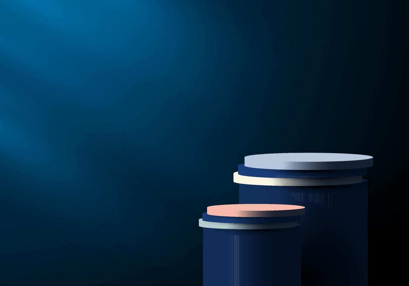 3D blue and white cylinder pedestal in dark blue lighting background vector