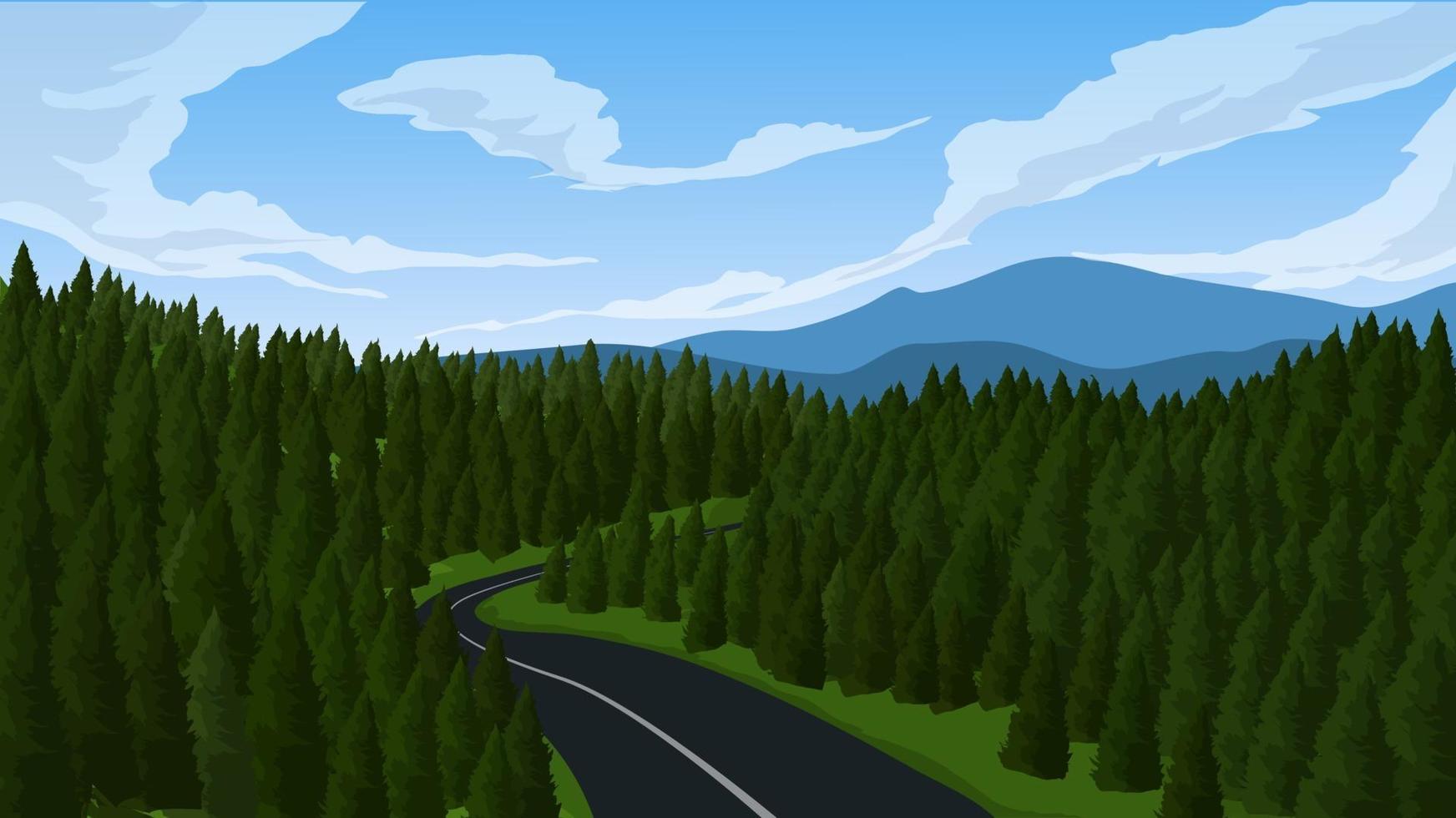 Beautiful Forest With Road And Mountain vector