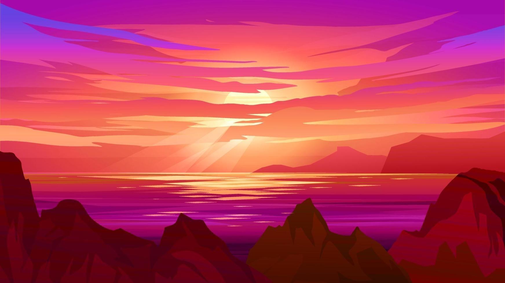 Dramatic Sunset At Coast With Rocks And Cliff vector