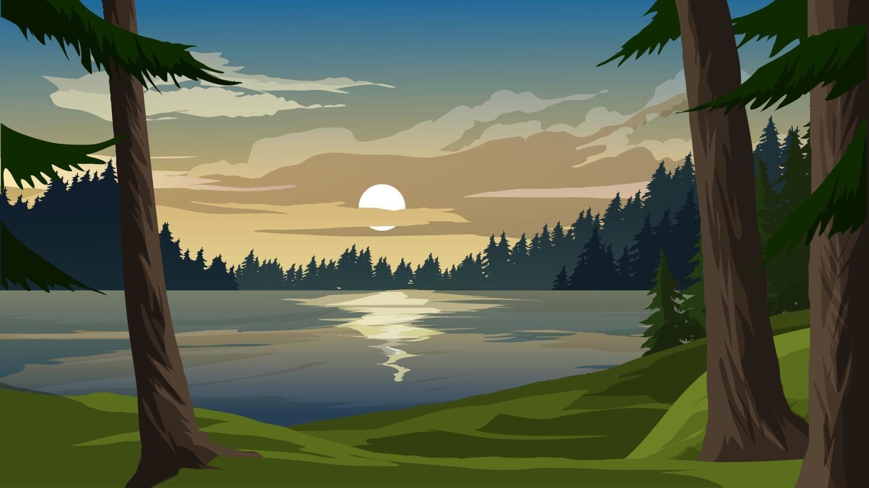 hermoso lago con bosque de pinos al atardecer vector