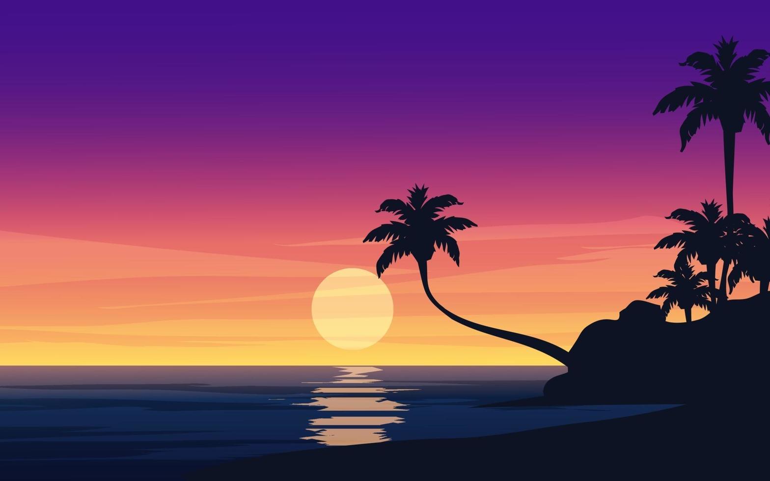 hermoso atardecer tropical con silueta de árbol vector