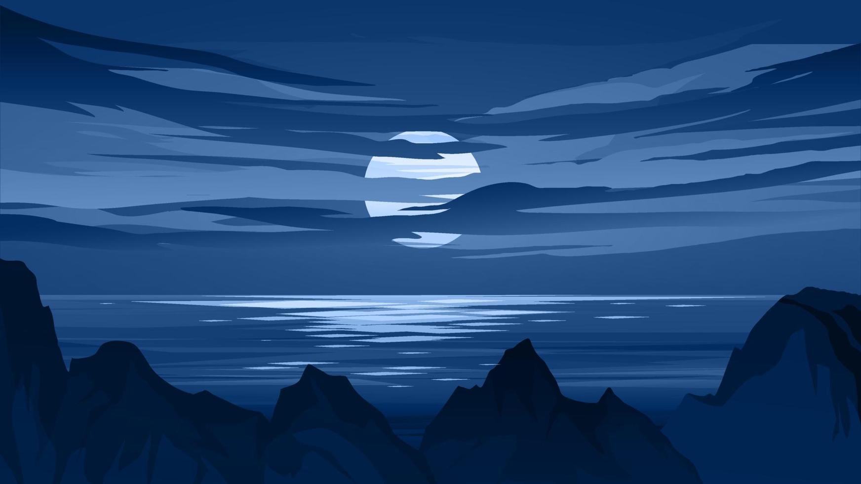 Sea View At Night With Rocks And Moonlight vector