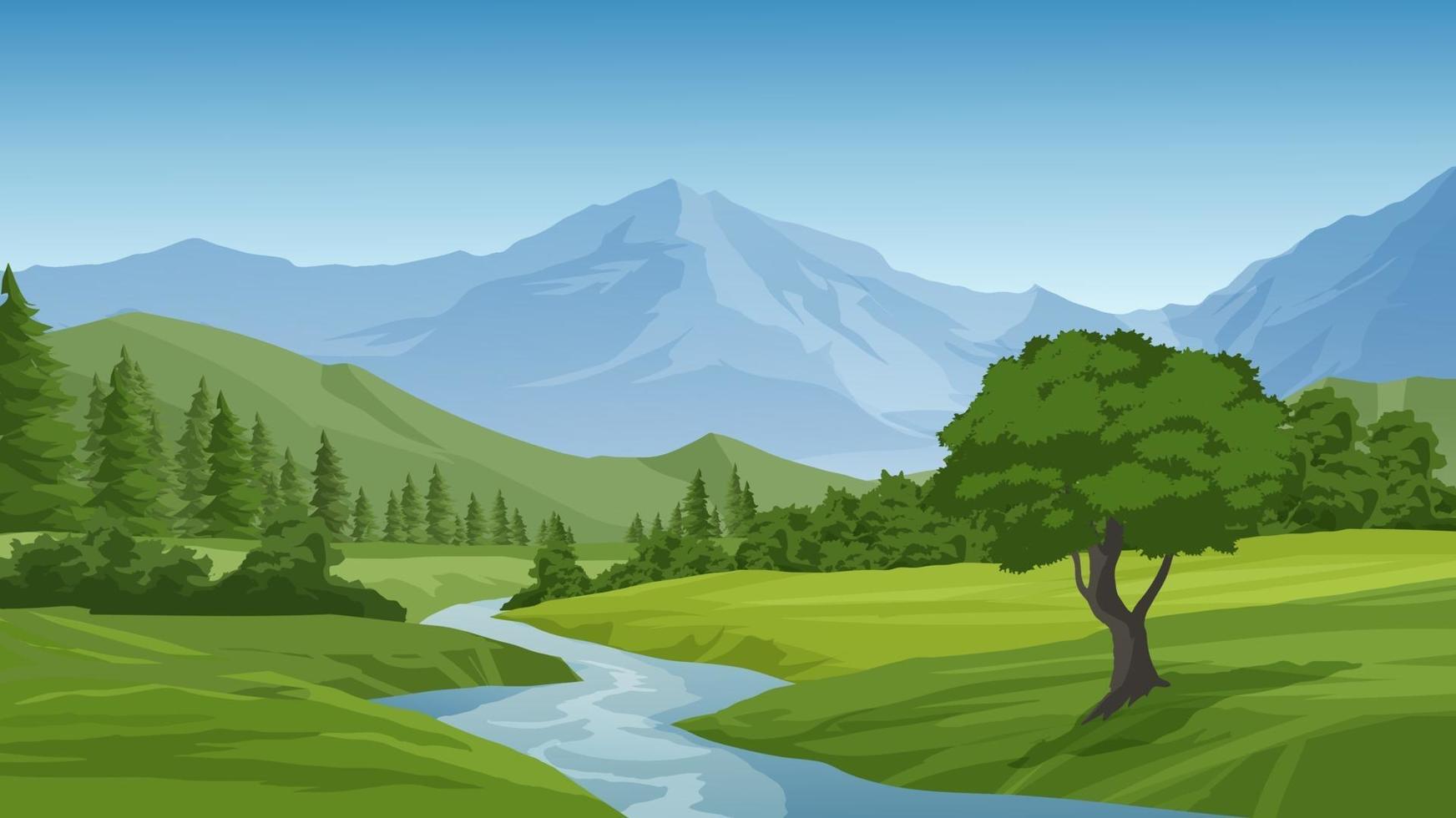 hermoso paisaje de montaña con río y bosque vector