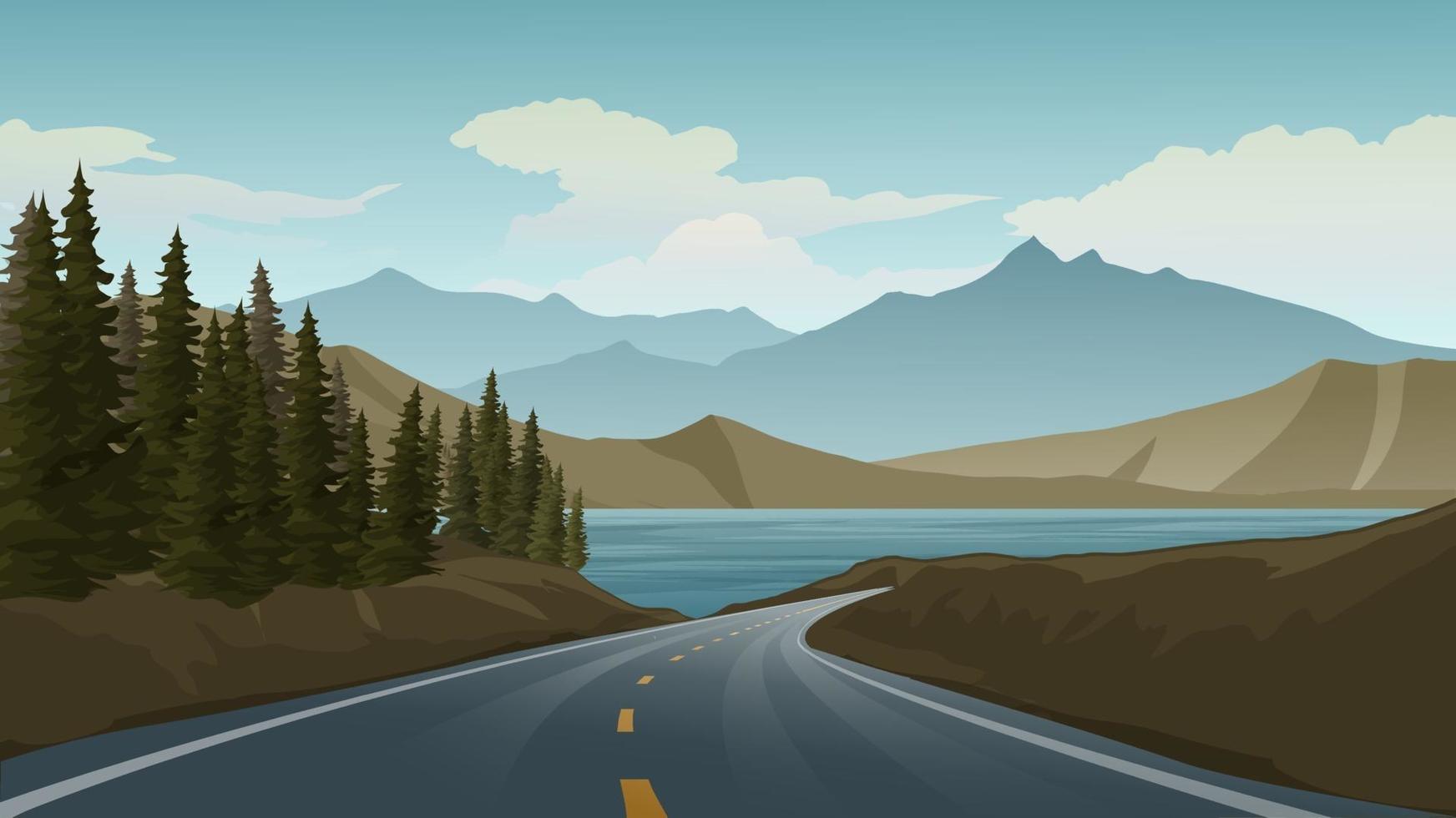 Escena de carretera vacía con lago y montaña. vector