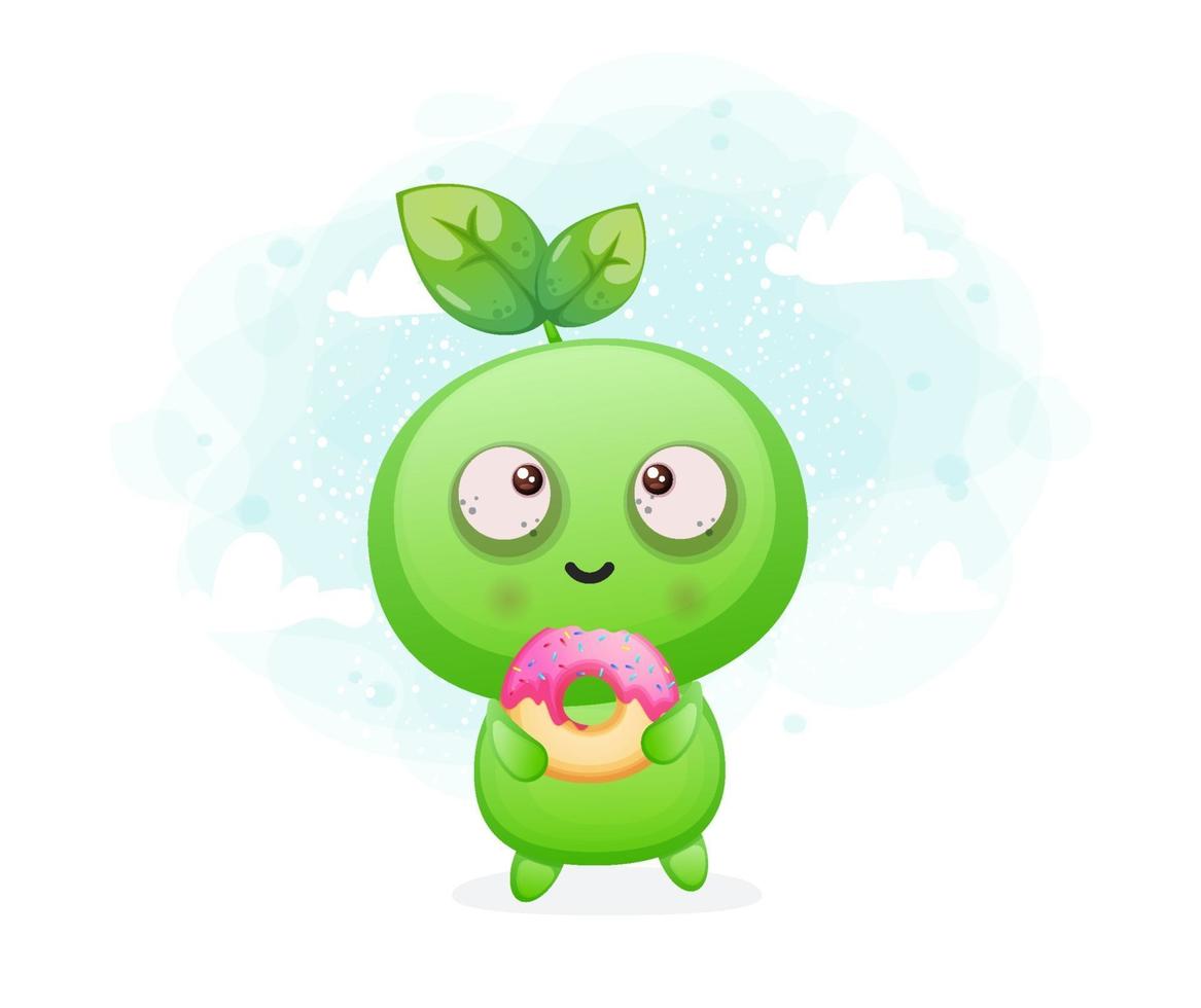 Cute happy smiling seed holding donut alien mascot character vector