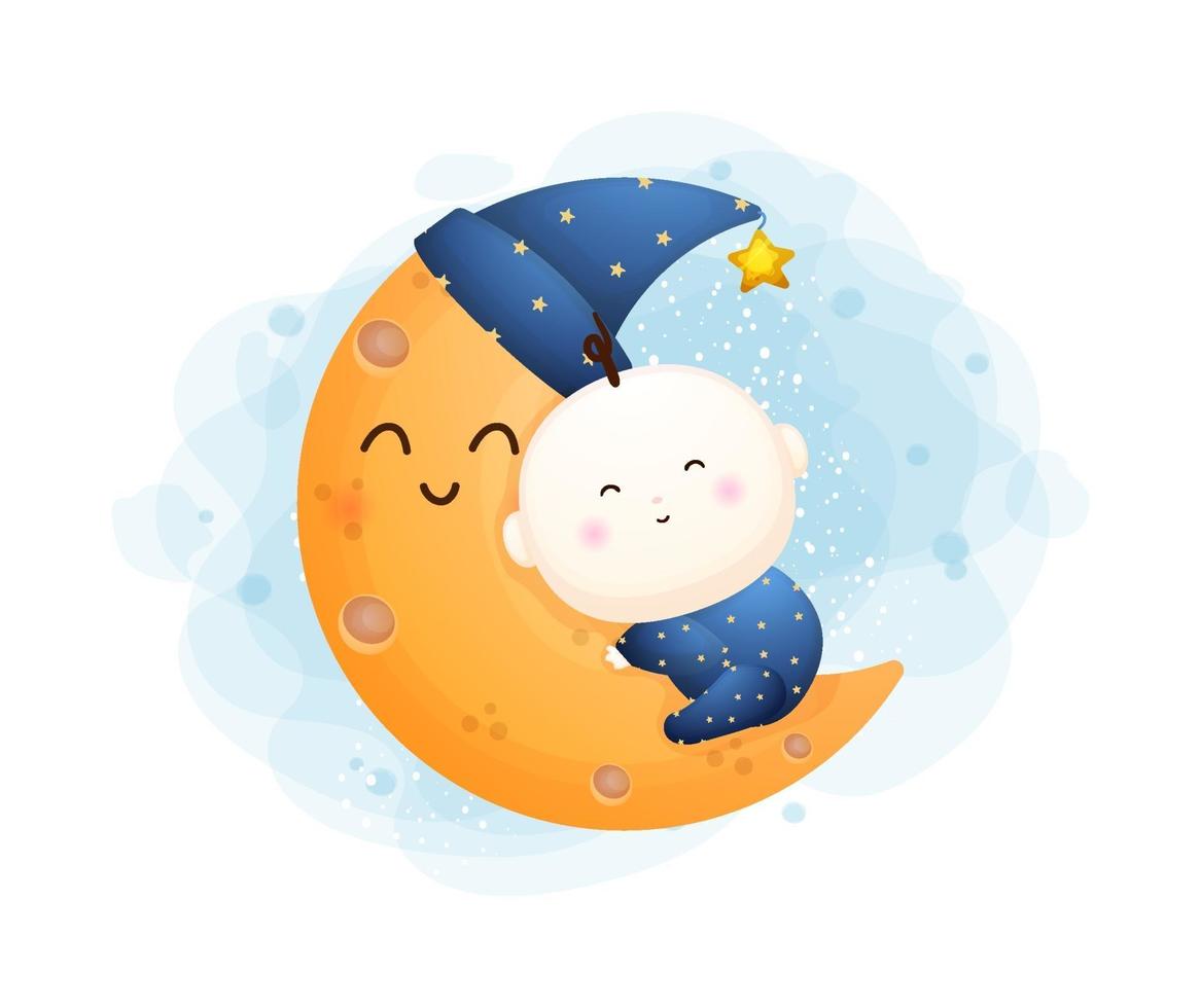 Cute baby boy hugging a moon cartoon character. vector