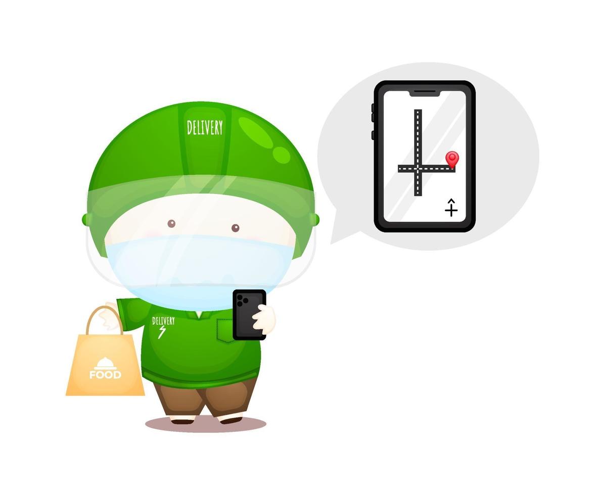 Cute delivery man parcel. online food delivery service Premium Vector