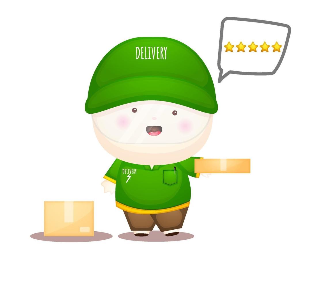 Cute delivery man service mascot cartoon character with rating vector