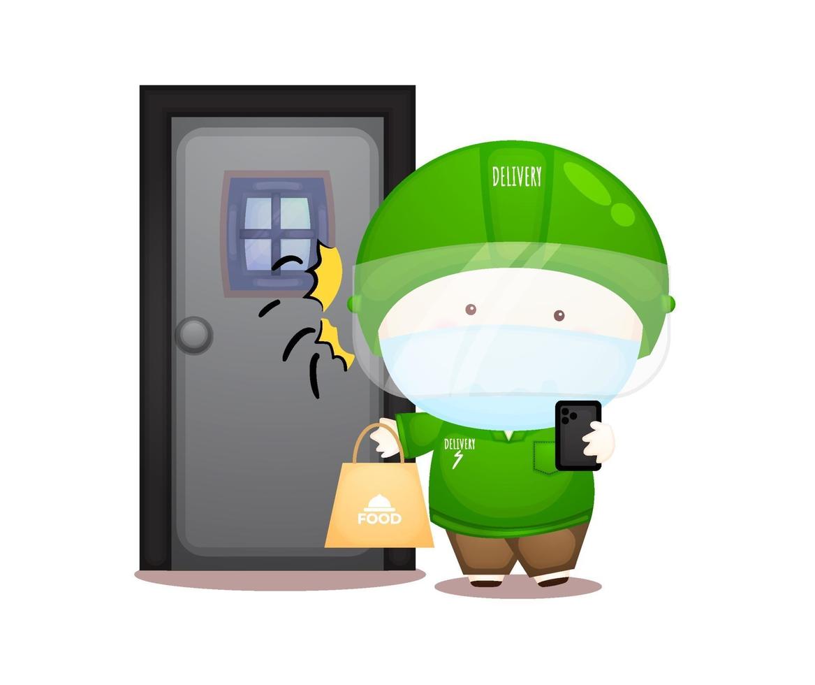 Cute delivery man parcel front a door. Online food delivery service vector