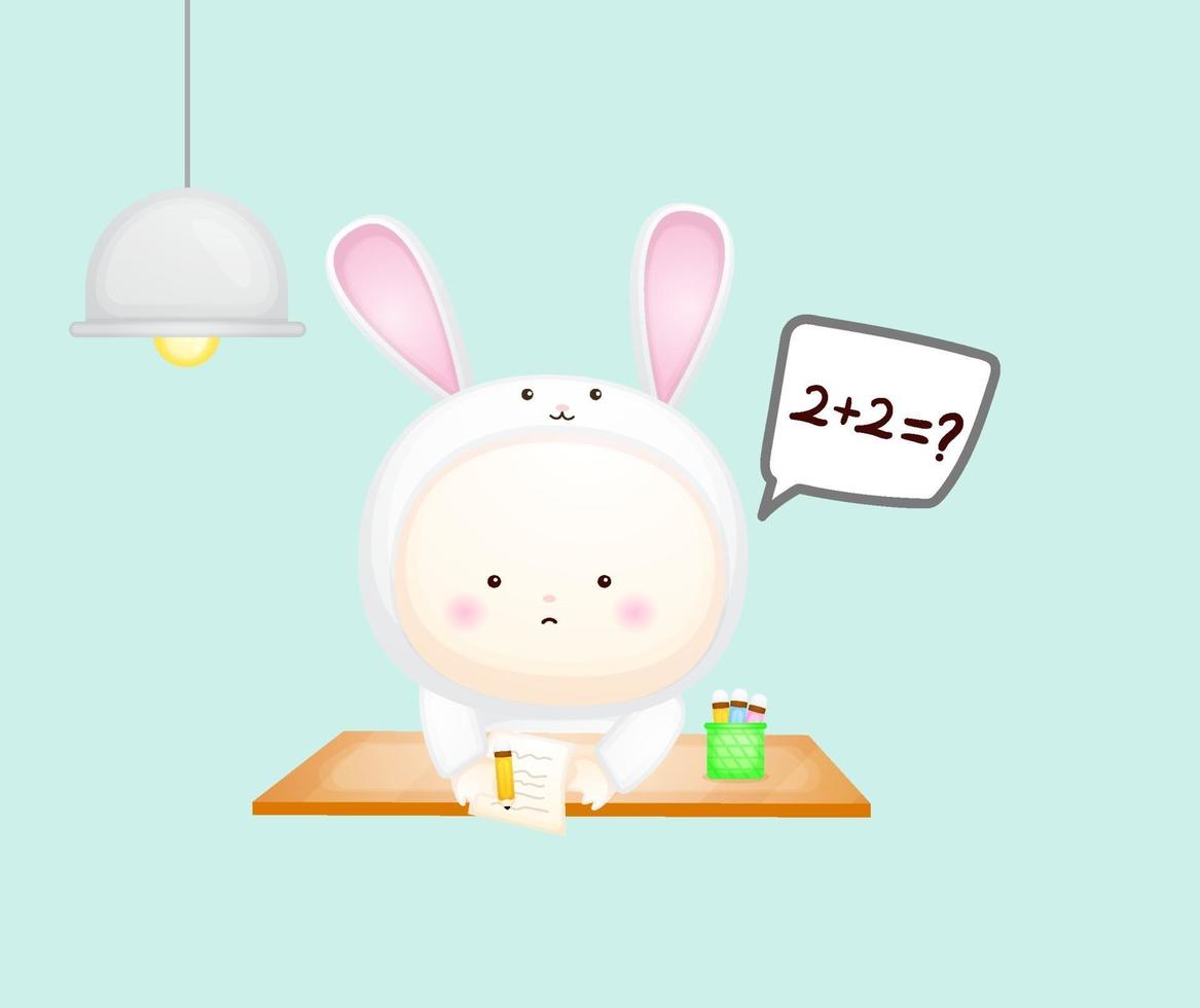 Cute baby in bunny costume learning. cartoon illustration vector