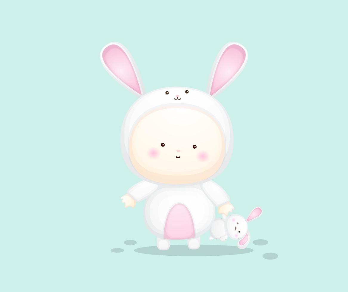 Cute baby in bunny costume holding rabbit doll. cartoon illustration vector