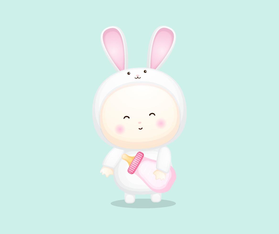 Cute baby in bunny costume holding pacifier. vector