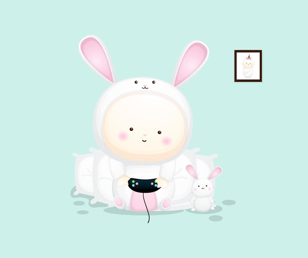 Cute baby in bunny costume holding playing games. vector