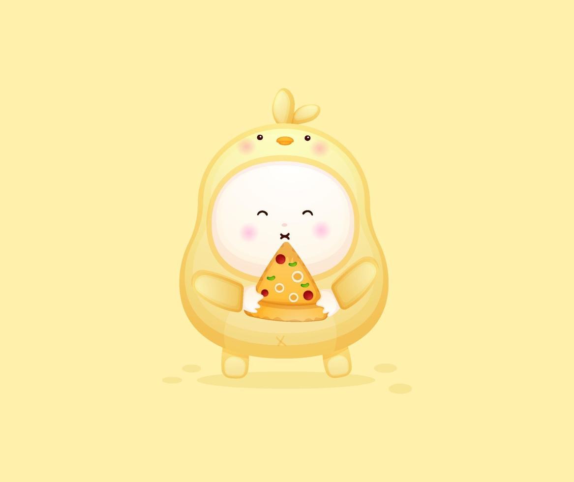 Cute baby in chicks costume holding pizza slice. vector