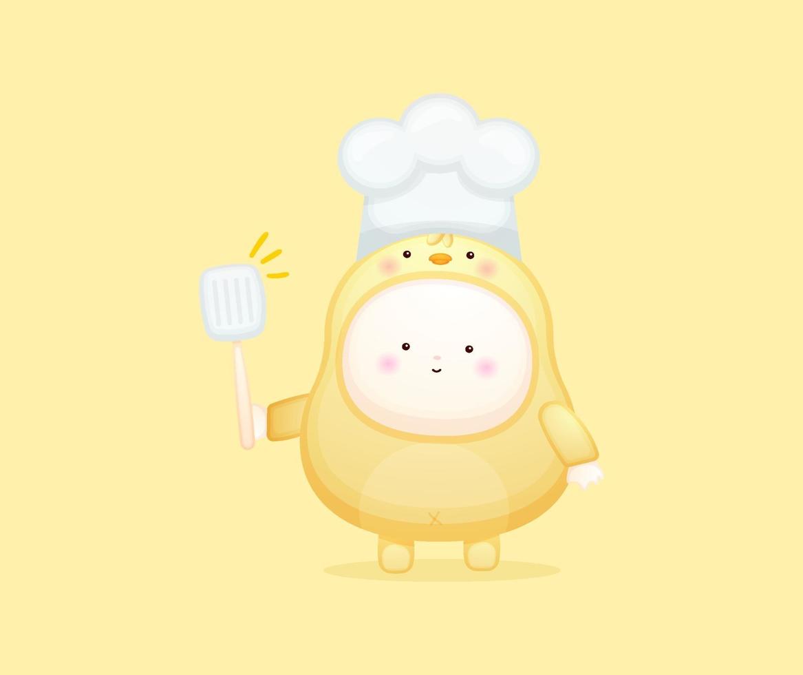 Cute baby chef in chicks costume. vector