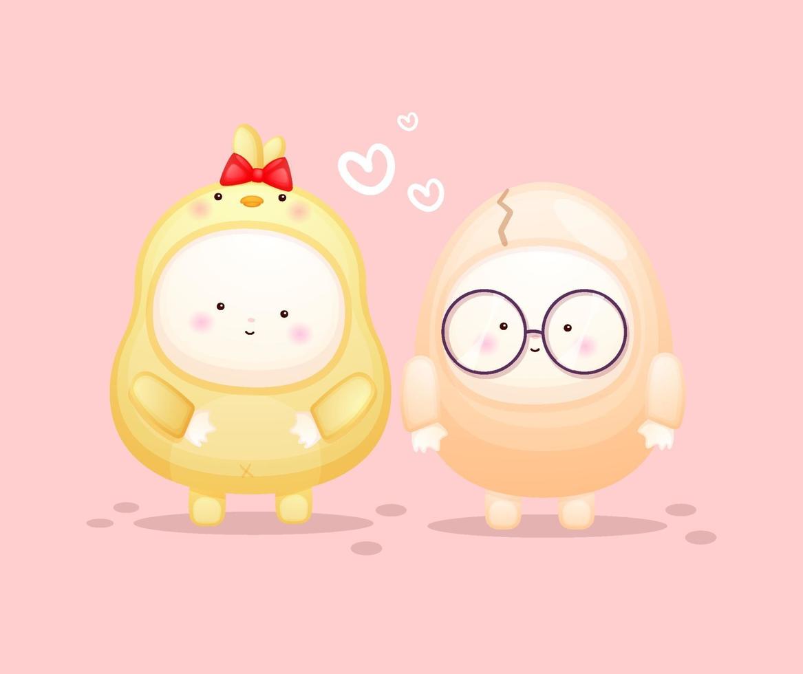 Cute baby in chicks costume with egg couple. vector