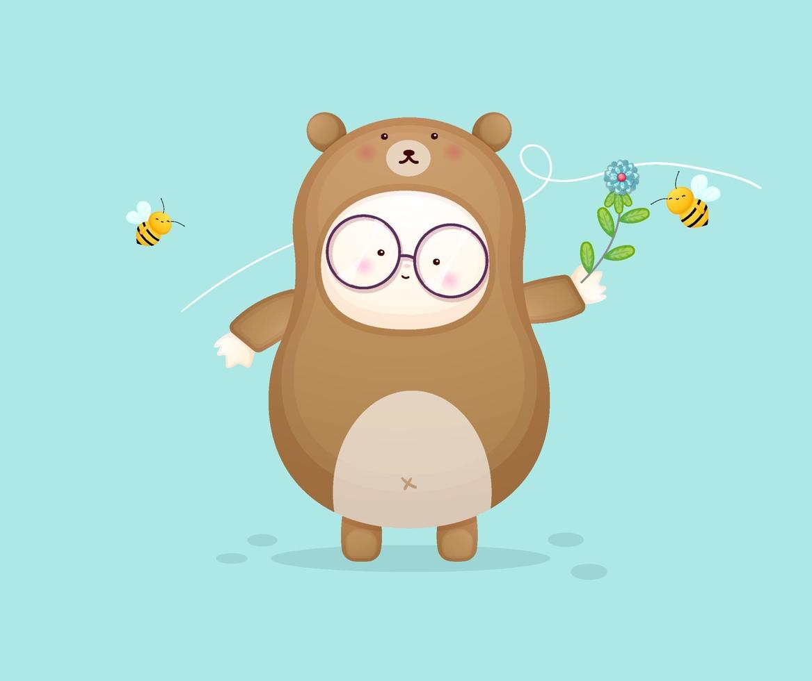 Cute baby in bear costume playing with bee. vector