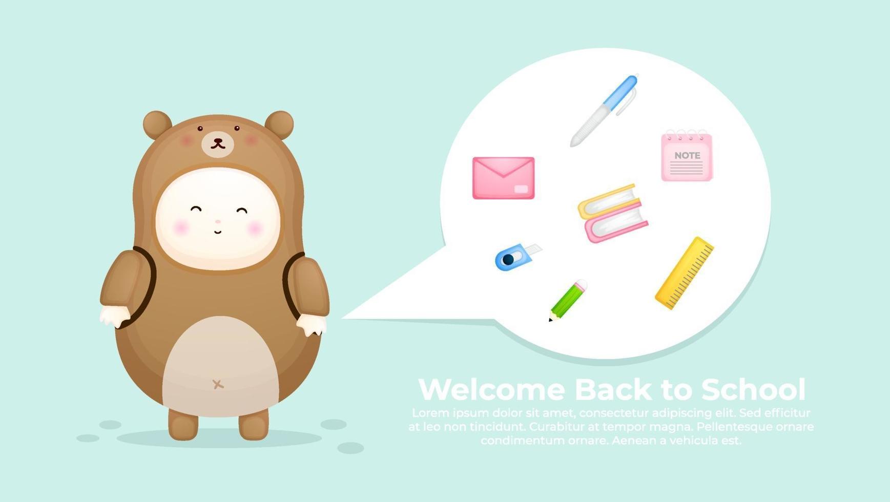 Cute baby in bear costume with welcome back to school text banner. vector