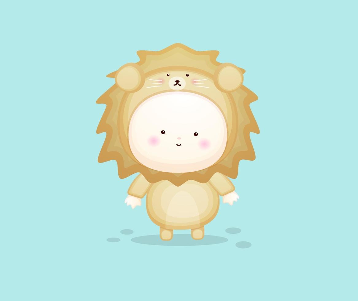 Cute baby in lion costume. Mascot cartoon illustration Premium Vector