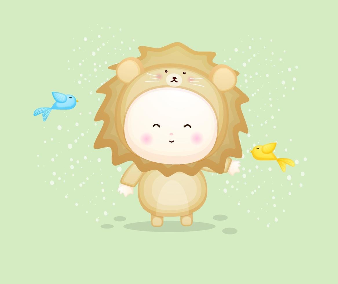 Cute baby in lion costume playing with bird. vector