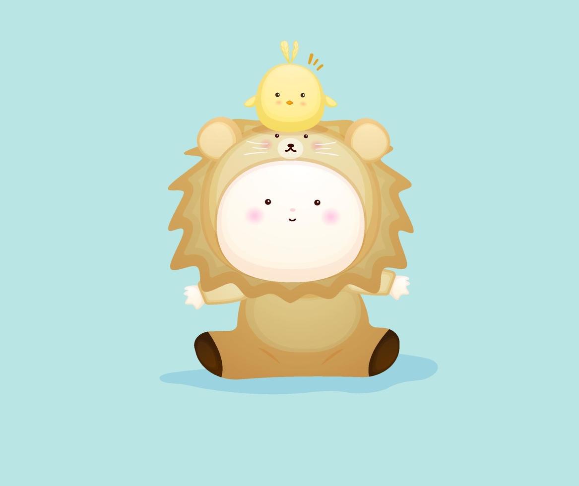 Cute baby in lion costume playing with chicks. vector