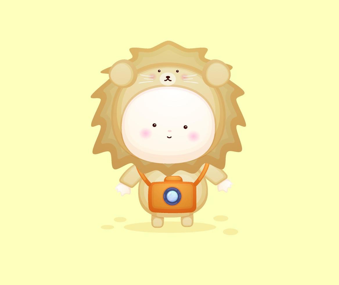 Cute baby in lion costume with camera. vector