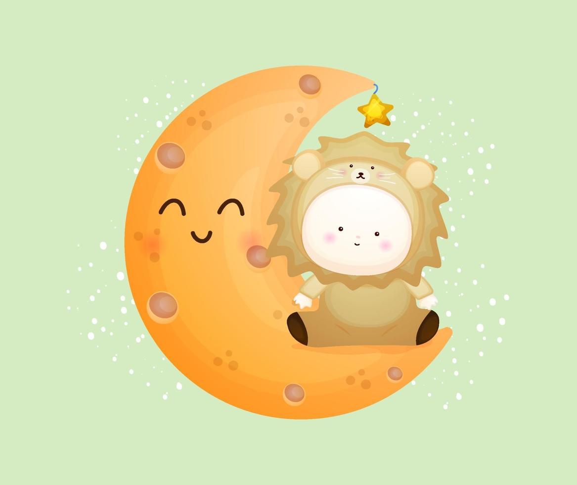 Cute baby in lion costume sit on the moon. vector