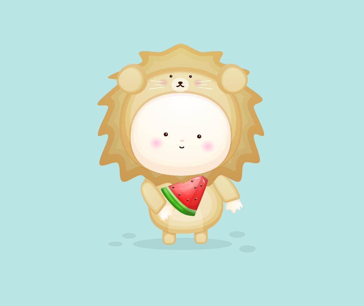 Cute baby in lion costume holding watermelon ice cream. vector