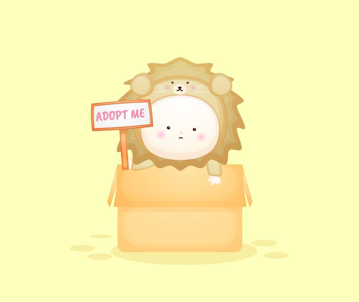 Cute baby in lion costume inside the box with adopt me text sign. vector