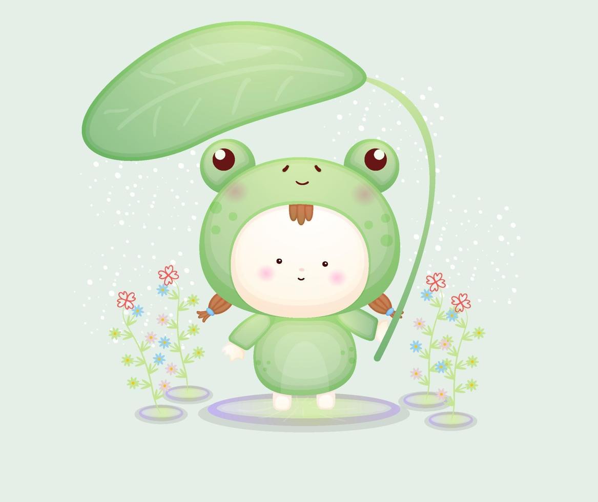 Cute baby in frog costume holding leaf. vector