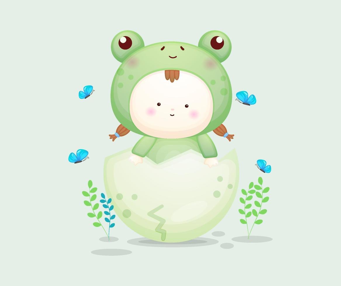 Cute baby in frog costume with colorful egg. vector