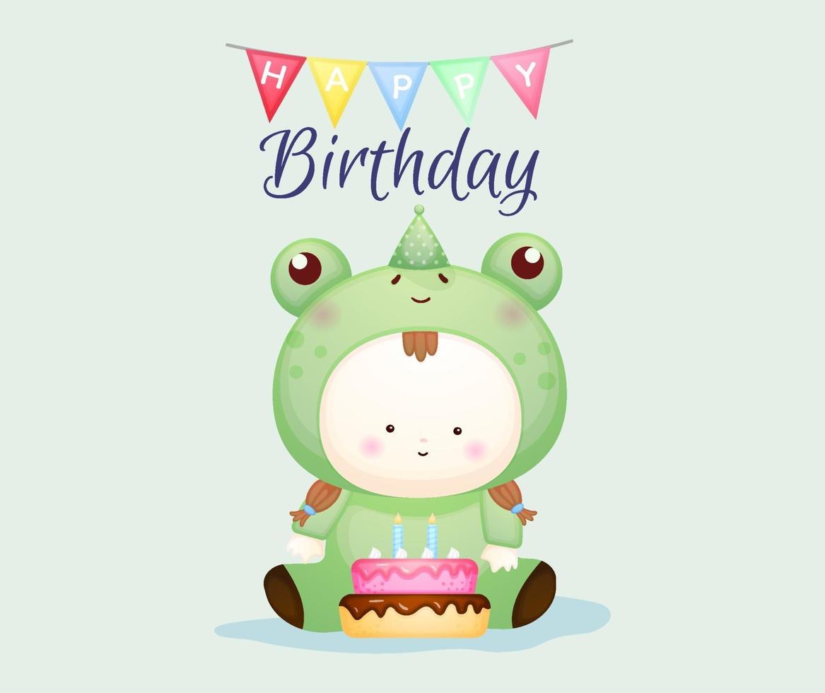 feliz cumpleaños con lindo bebé disfrazado de rana. vector