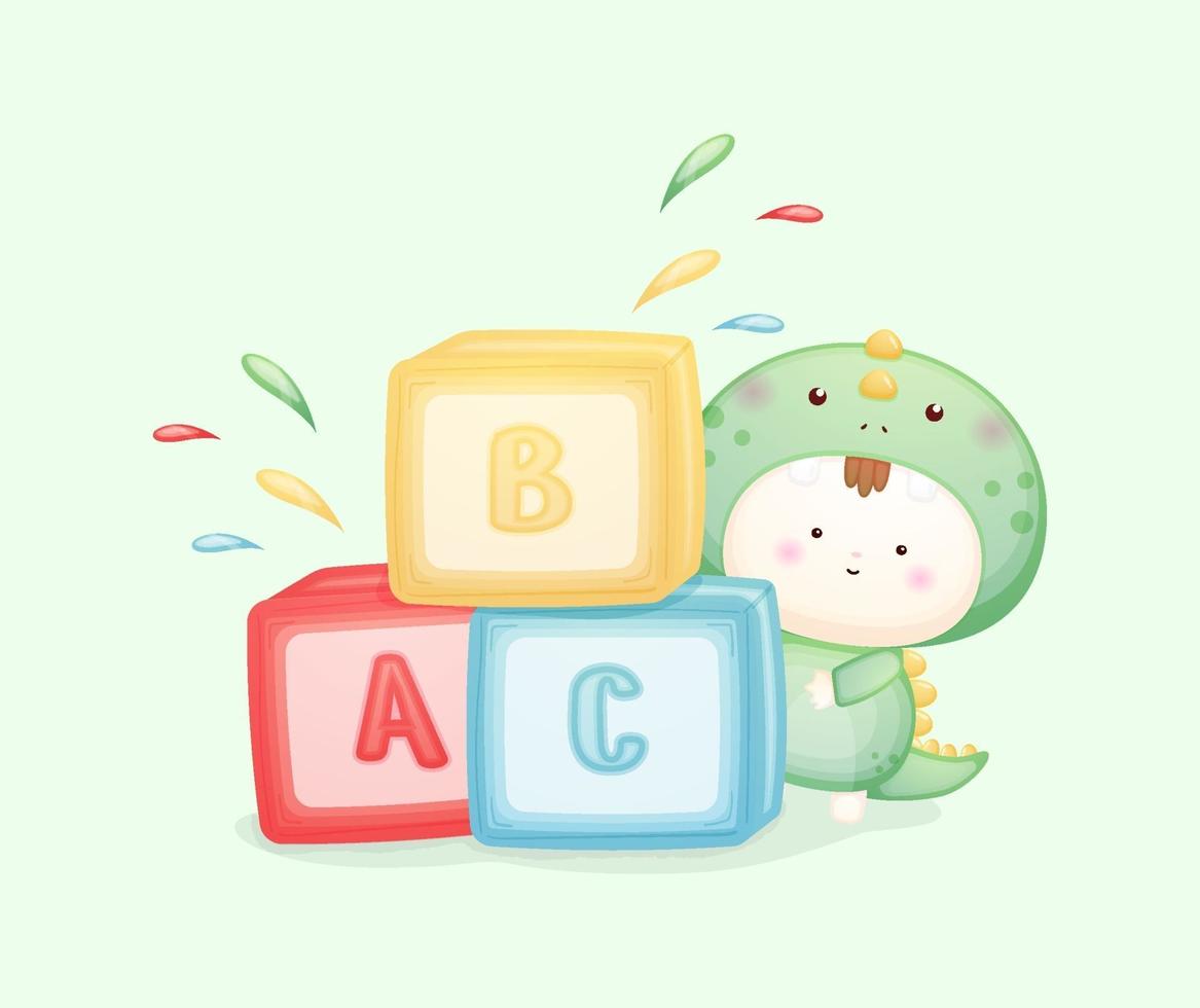 Cute baby in dinosaur costume playing blocks Premium Vector