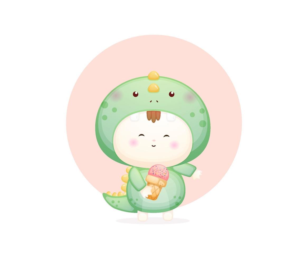 Cute baby in dinosaur costume holding ice cream Premium Vector