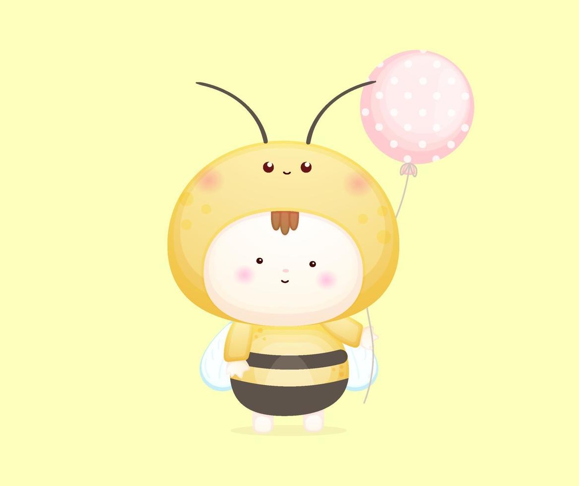 Cute baby in bee costume. Mascot cartoon illustration Premium Vector