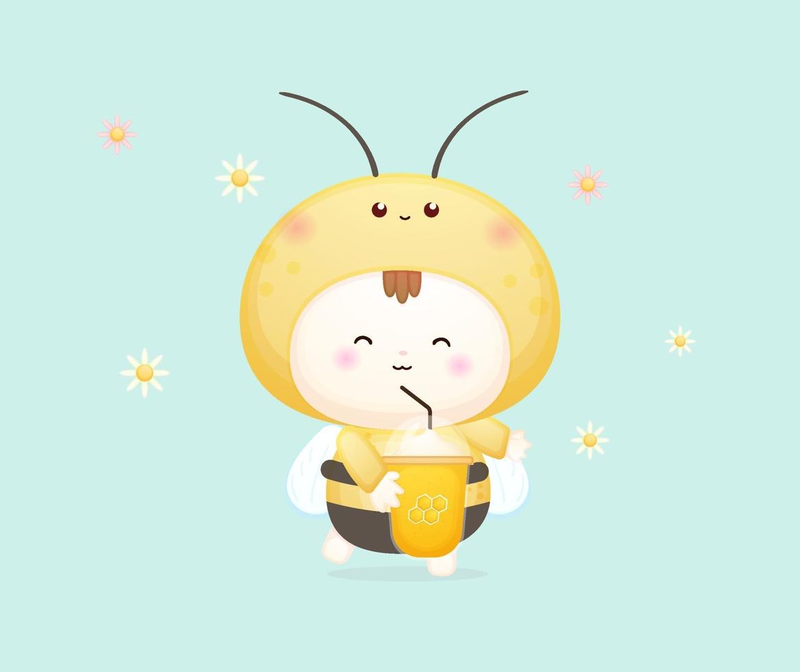 Cute happy baby in bee costume holding and drink honey bee. vector