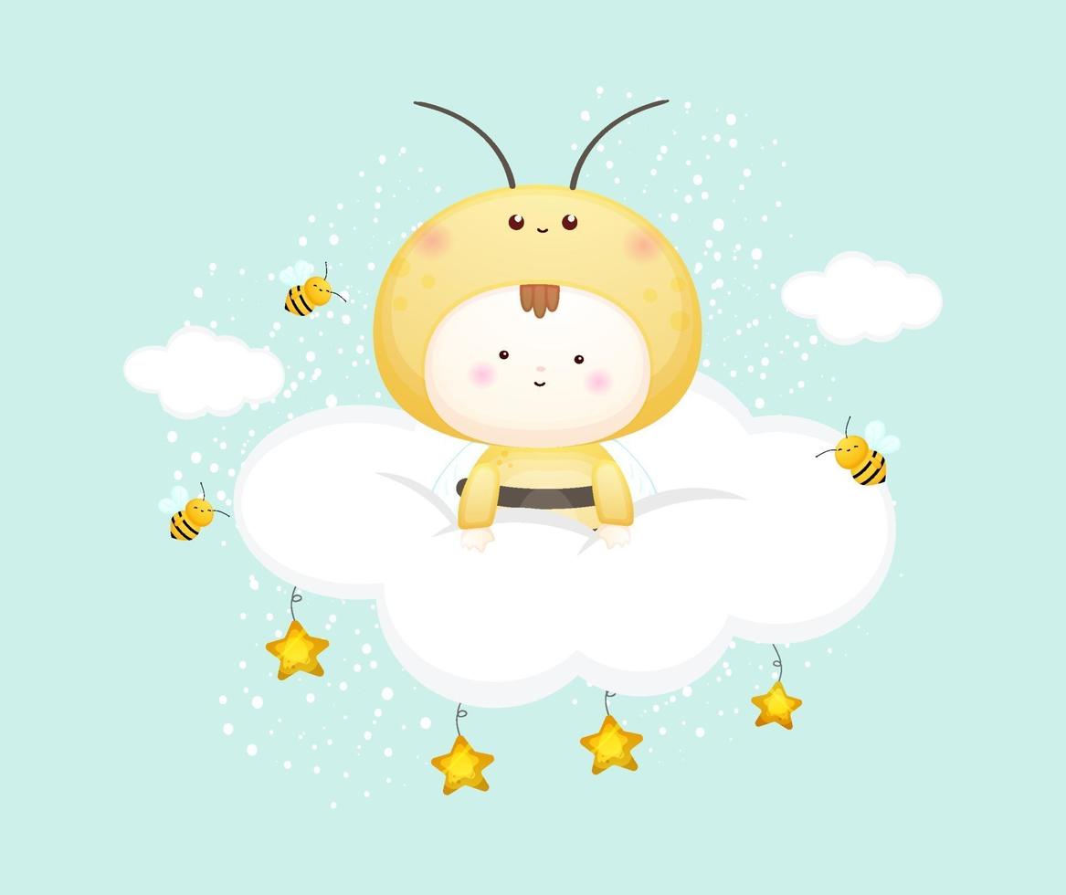 lindo bebé disfrazado de abeja en la nube. ilustración de dibujos animados de mascota vector