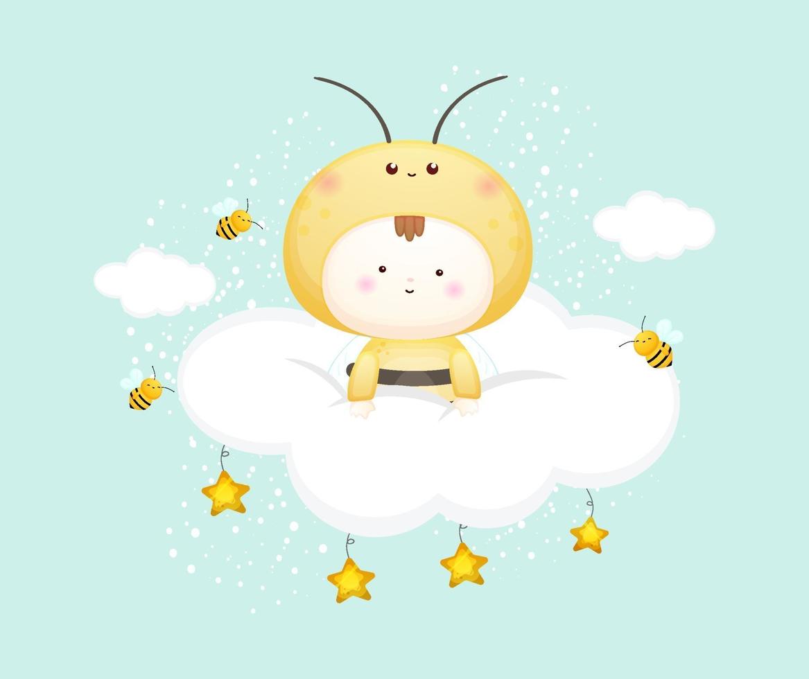 Cute baby in bee costume on the cloud. Mascot cartoon illustration vector