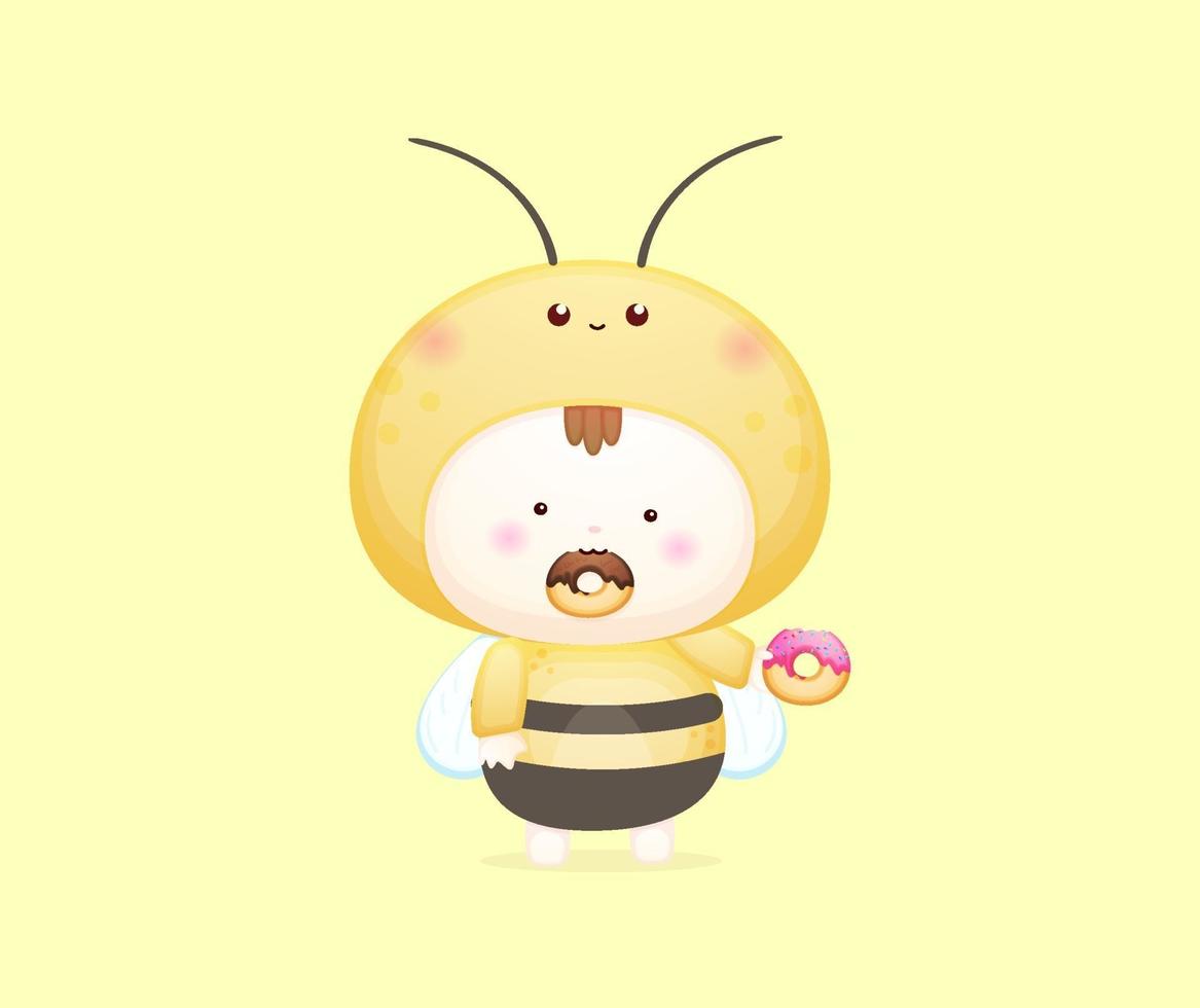 Cute baby in bee costume eating donut vector illustration.