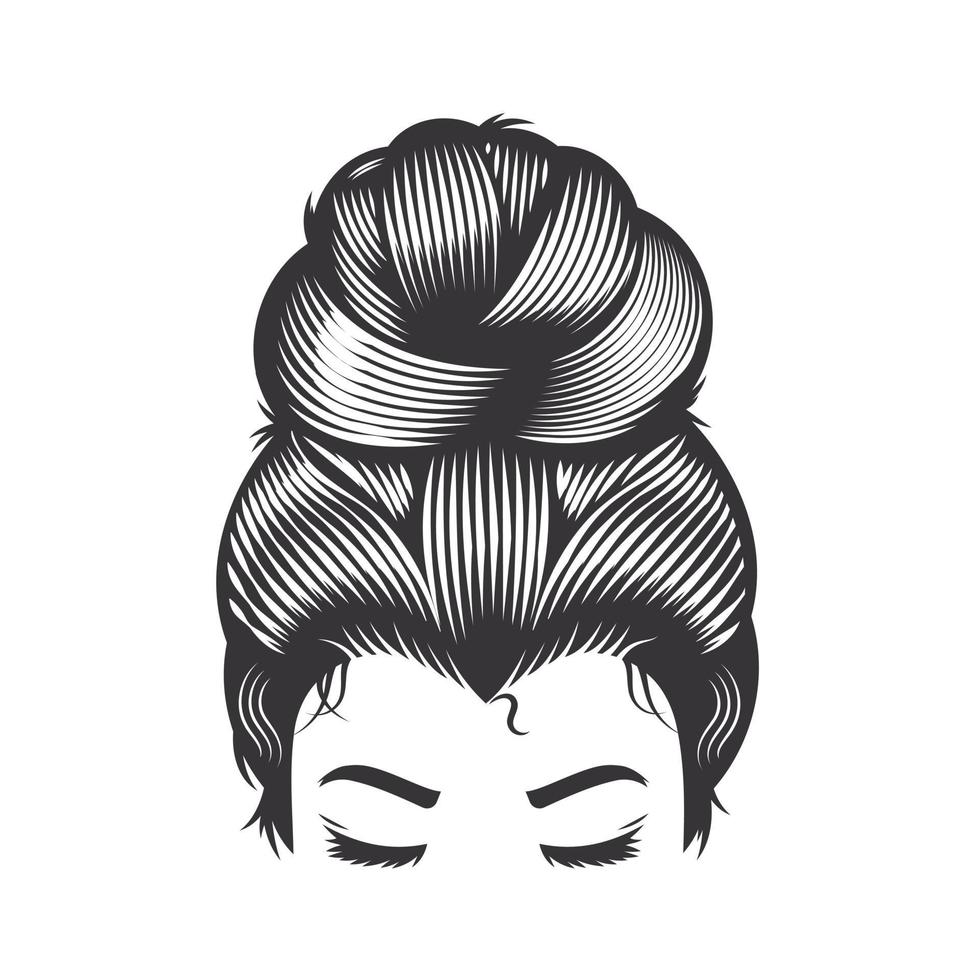 Cara de mujer con moño de pelo desordenado y pestañas largas vector line art