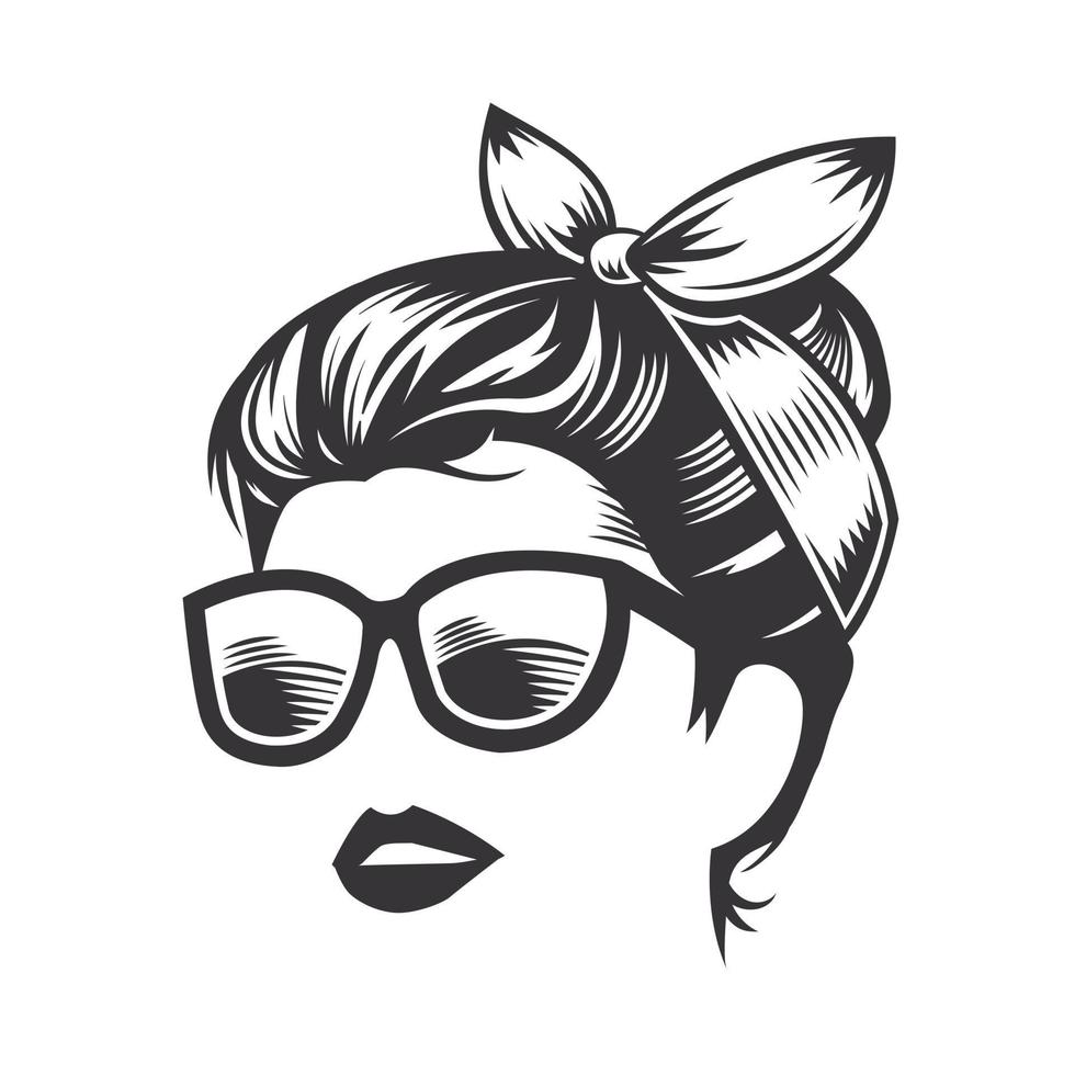 Cara de mujer con moño de pelo desordenado y arte lineal de vector de gafas de sol
