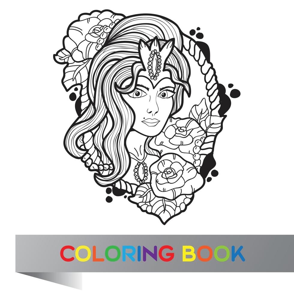 Diseño de tatuaje de linda chica con pelo largo y rizado - libro para colorear vector