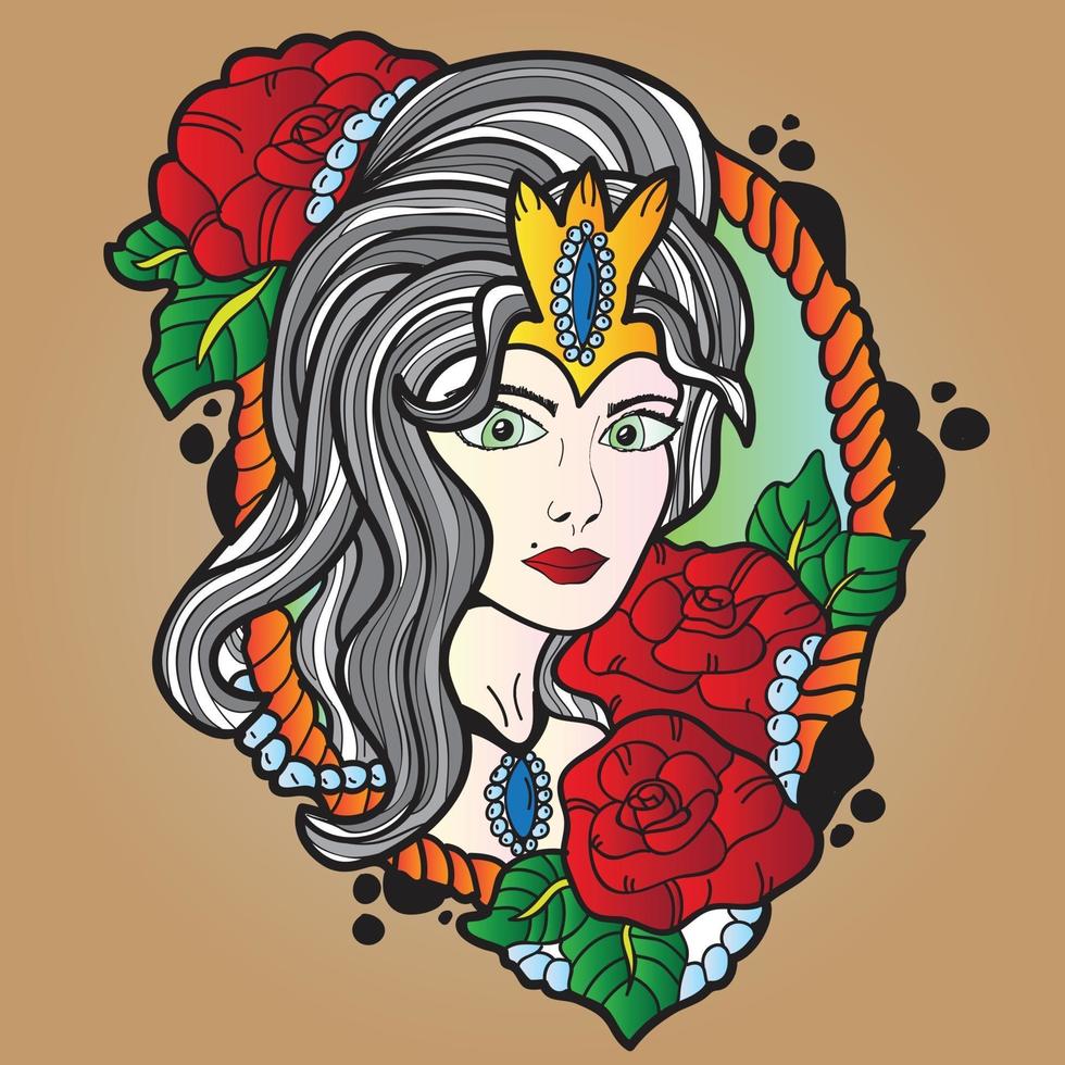 Diseño de tatuaje de linda chica con pelo largo y rizado - vector