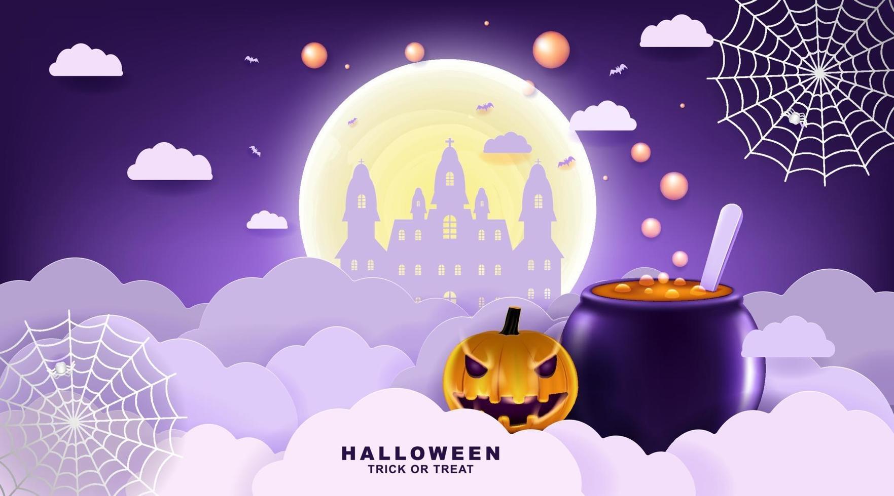 Fondo de feliz halloween con nubes nocturnas y calabazas. vector