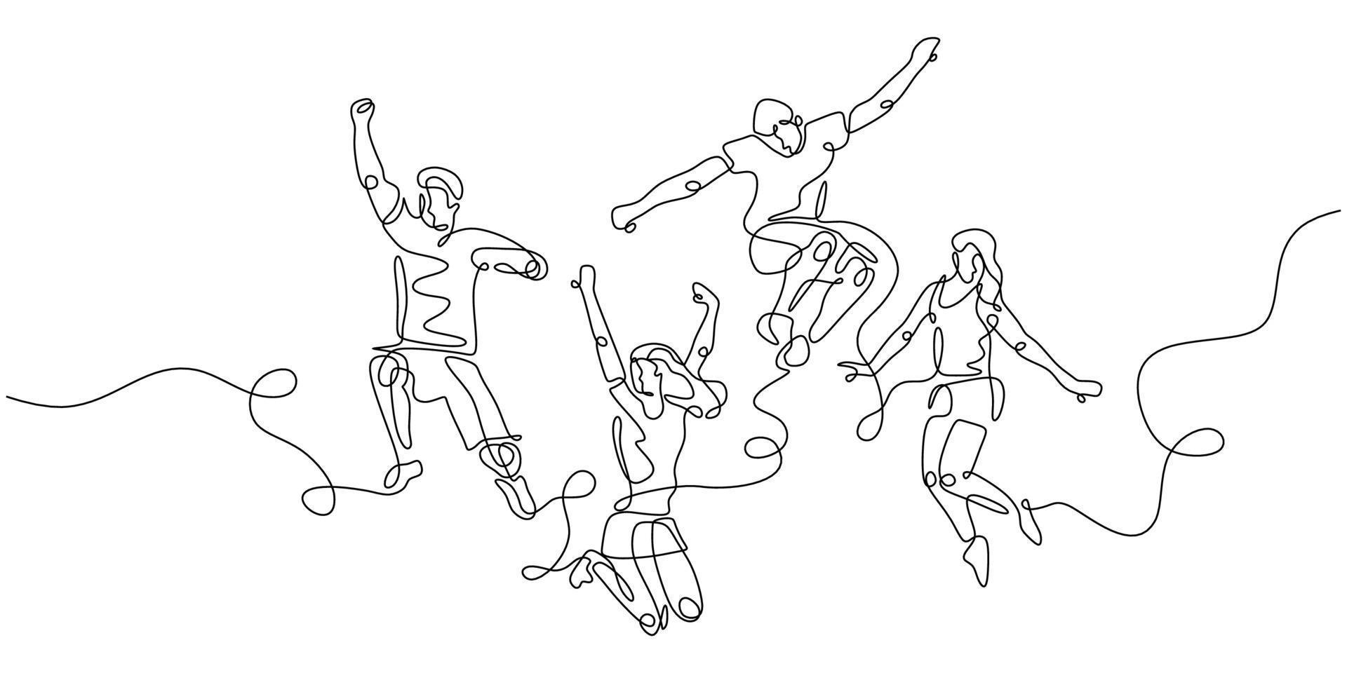 dibujo de línea continua de cuatro miembros felices saltando del equipo vector