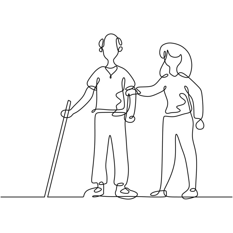 One continuous line art of woman help blind man walk on the street vector