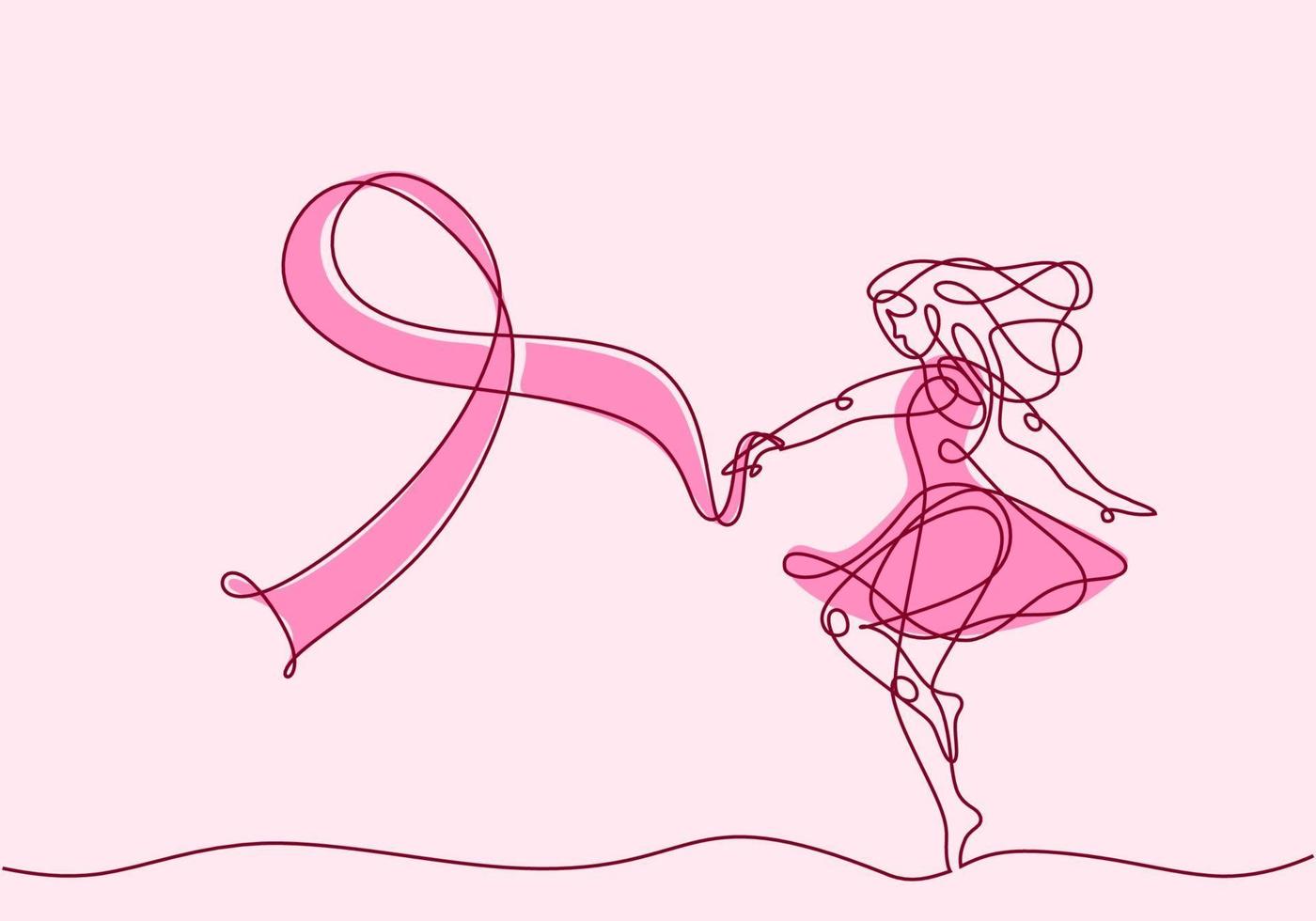 una línea continua de mujer abstracta bailando sosteniendo una cinta rosa vector