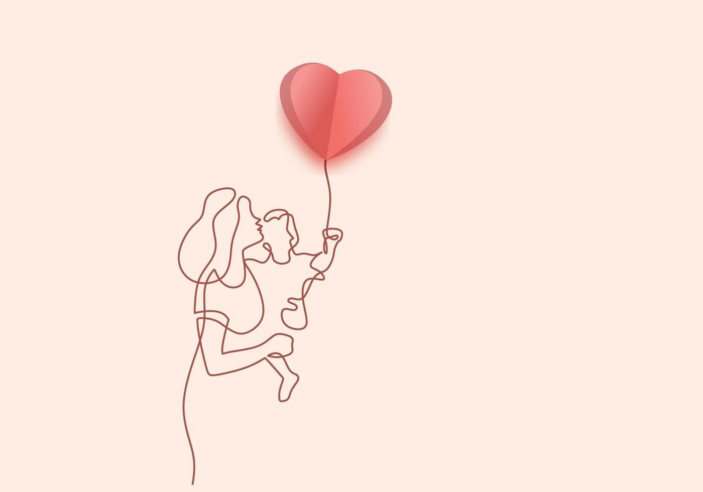 Continuous one line drawing of young mother hold her baby vector