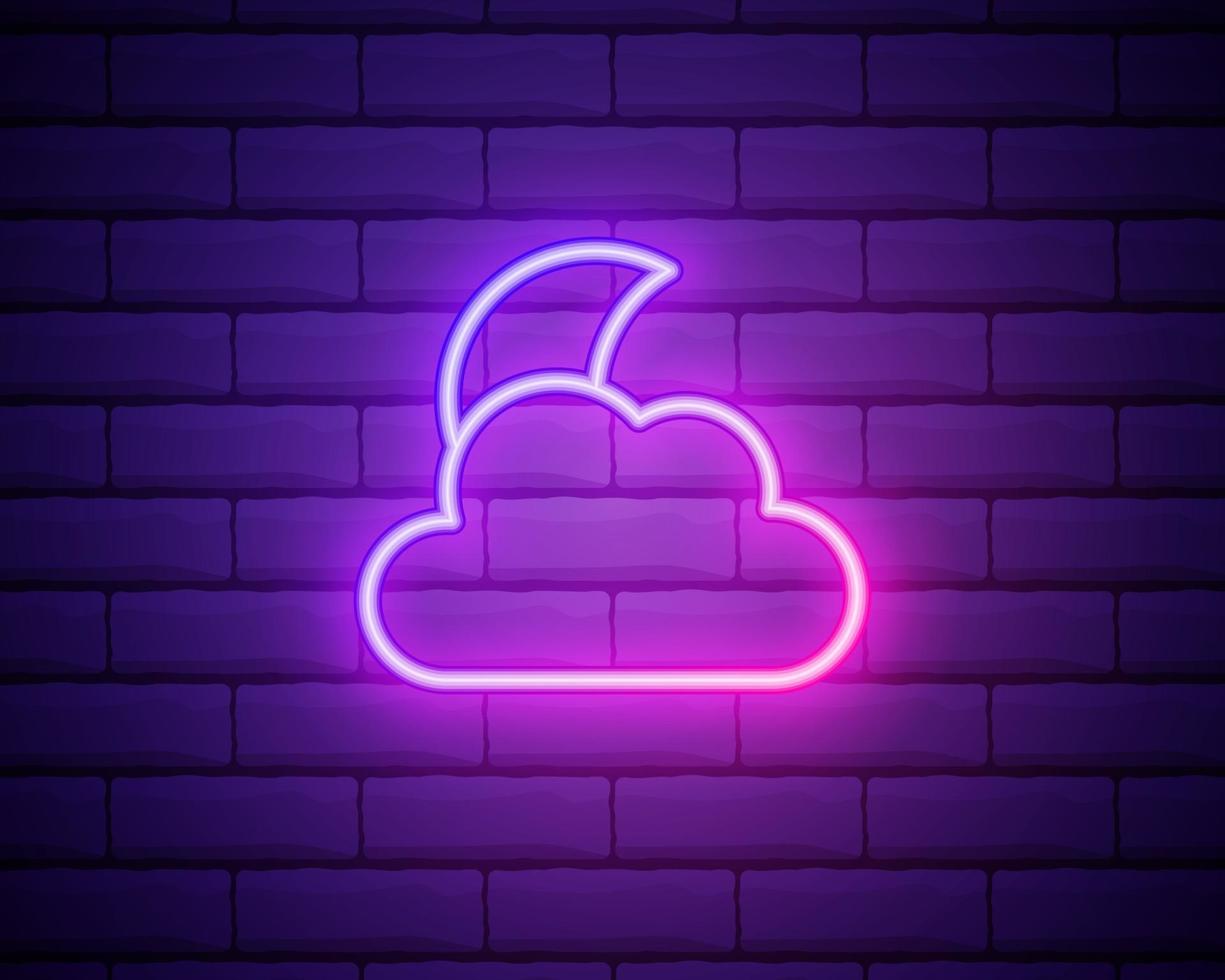 Glowing neon cloudy with moon weather icon on dark brick wall vector