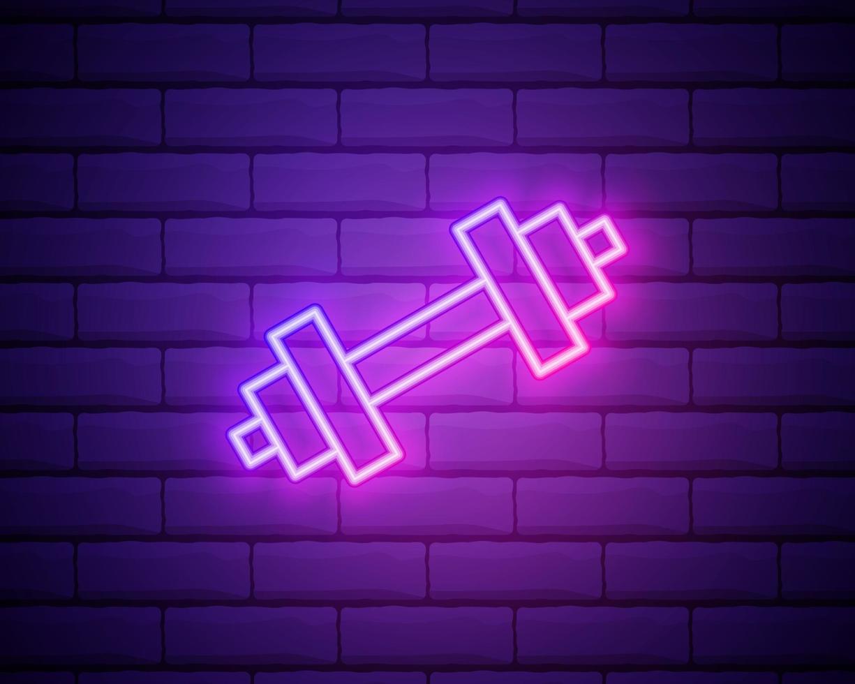 Glowing neon Dumbbell icon isolated on brick wall background vector